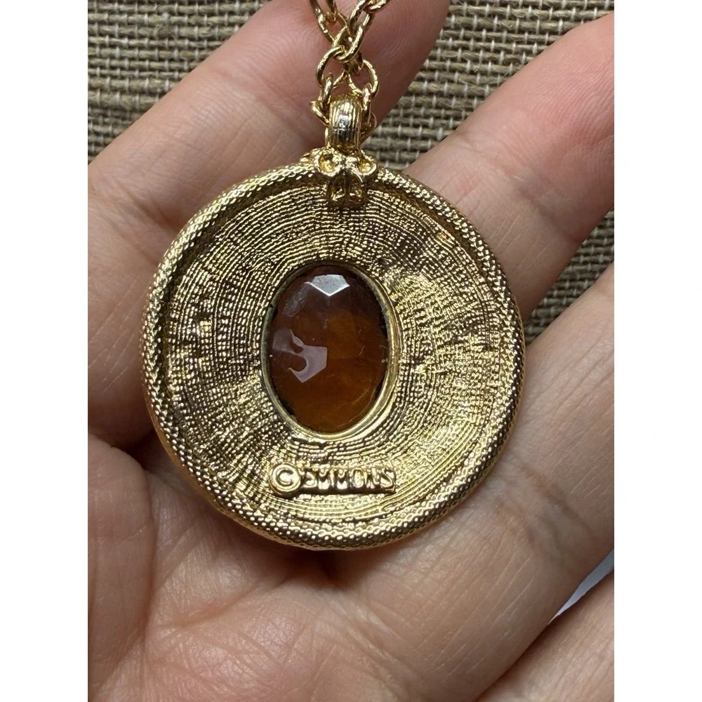 Vintage EMMONS Pendant Chain Necklace Faceted Amber Topaz Glass Gold Tone Signed
